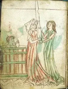 Yseut comprend que Tristan a tué Morholt en examinant l'épée du chevalier. Enluminure conservée à la British Library (fin XIIIe siècle - début XIVe siècle). 