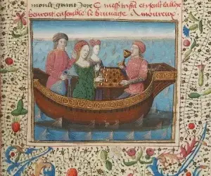 Tristan et Iseut jouent aux échecs et boivent le philtre d'amour à bord d'un navire. Enluminure du Tristan de Léonois, 1470, BnF, département des manuscrits.