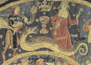 LE CHEMIN DES ÉTOILES. Les constellations de l’Hydre (Hydra), de la Coupe (Crater) et du Corbeau (Corvus) posé sur la queue de l’Hydre. Miniature extraite d’une Bible (Santa Cruz Museo, Tolède, Espagne).